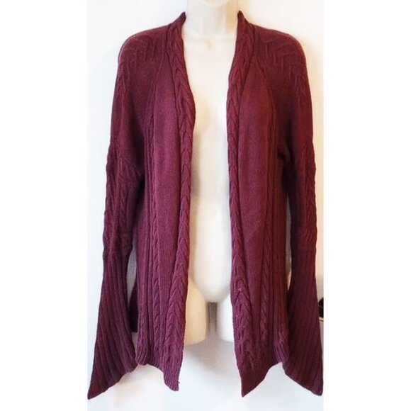 Anthropologie Moth Cable-Knit Bell Sleeve Open Front Cardigan M Burgundy - Picture 1 of 3